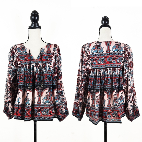 🦋LAST 1🦋 NWT Blue Boheme Luna Printed Blouse, Blue/Red - Picture 1 of 8